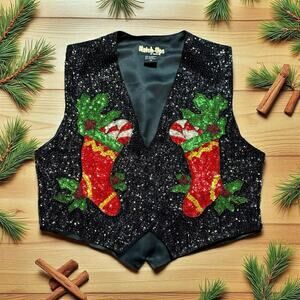 VTG 80s MATCH UPS BY NATCO SEQUIN Glass Beaded CHRISTMAS STOCKING Satin Vest M